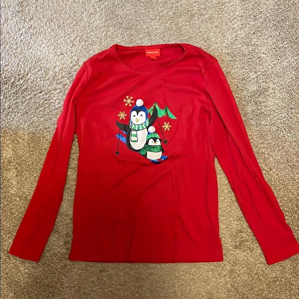 Festive Red Long Sleeve Tee with Penguin Design